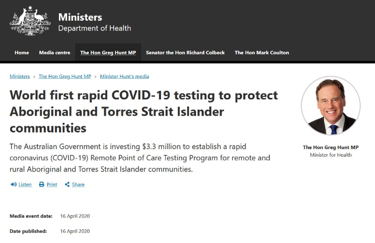 World first rapid COVID-19 testing to protect Aboriginal and Torres Strait Islander communities